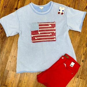 Blue flag patch short sleeve top - EUC